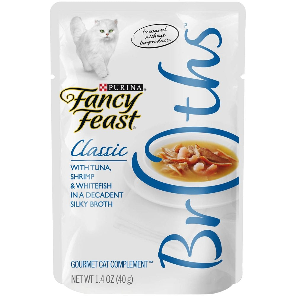 "12% OFF: Fancy Feast Classic Broths Tuna, Shrimp & Whitefish Pouch Cat Food 40g x 16"