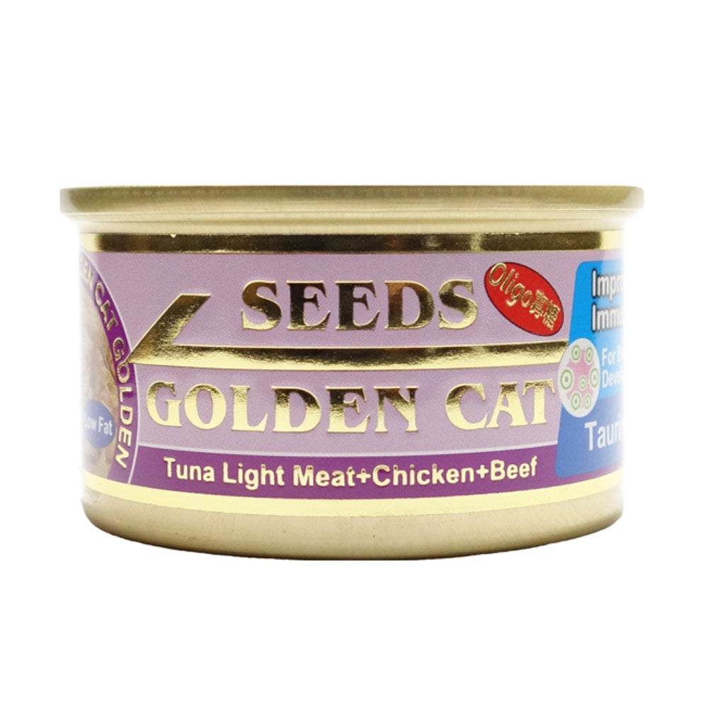 "Seeds Golden Cat Tuna Light Meat, Chicken & Beef Canned Cat Food 80g"