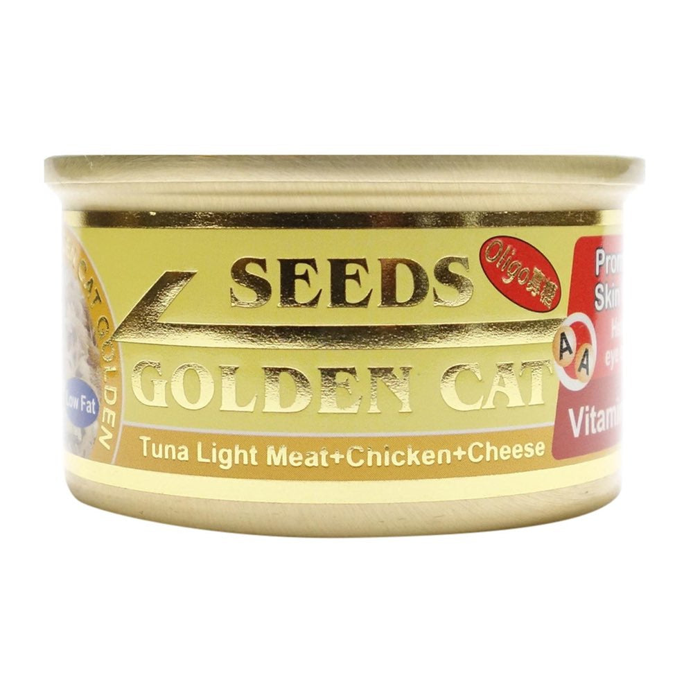 "Seeds Golden Cat Tuna Light Meat, Chicken & Cheese Canned Cat Food 80g"