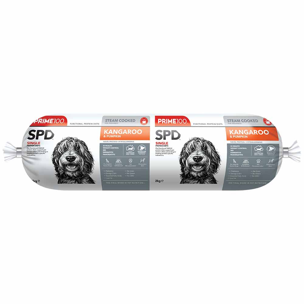 Prime100 SPD Kangaroo & Pumpkin Grain Free Cooked Chilled Roll Dog Food 2kg (Exp 24Oct25)