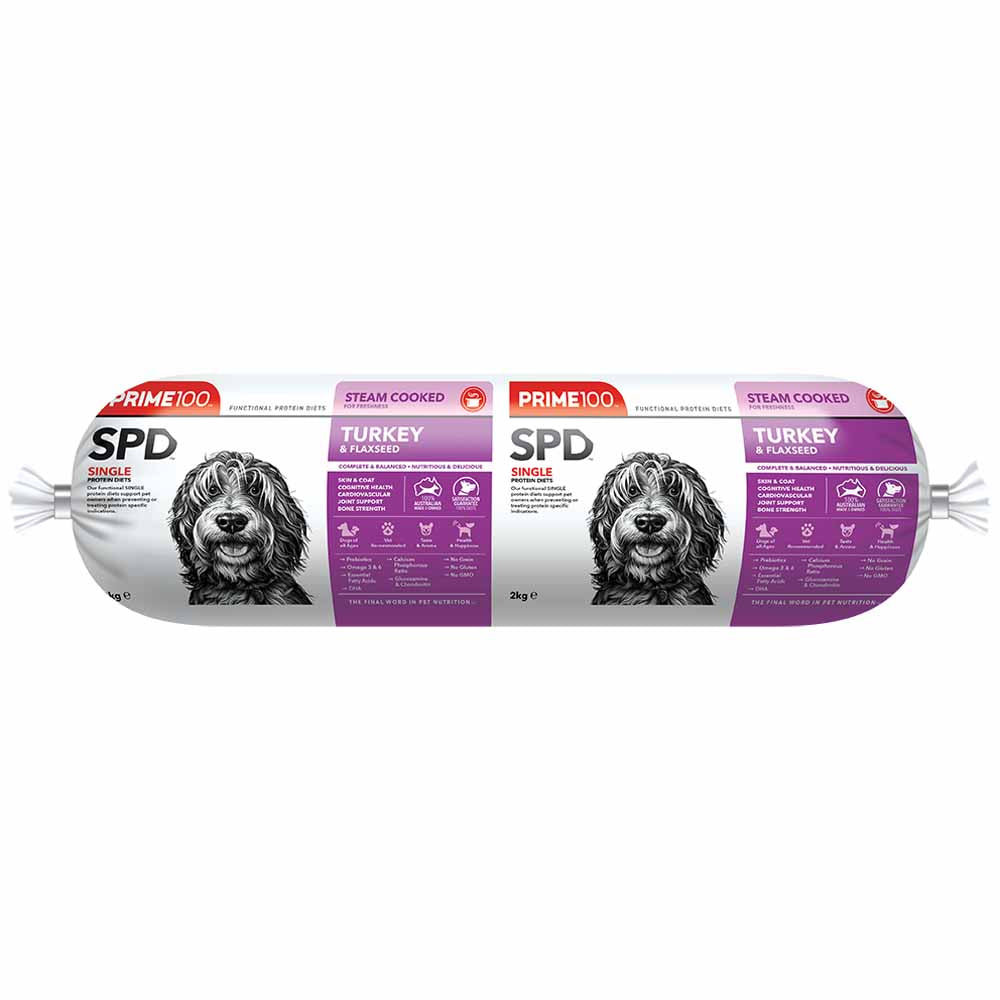 Prime100 SPD Turkey & Flaxseed Grain Free Cooked Chilled Roll Dog Food 2kg (Exp 18Oct25)