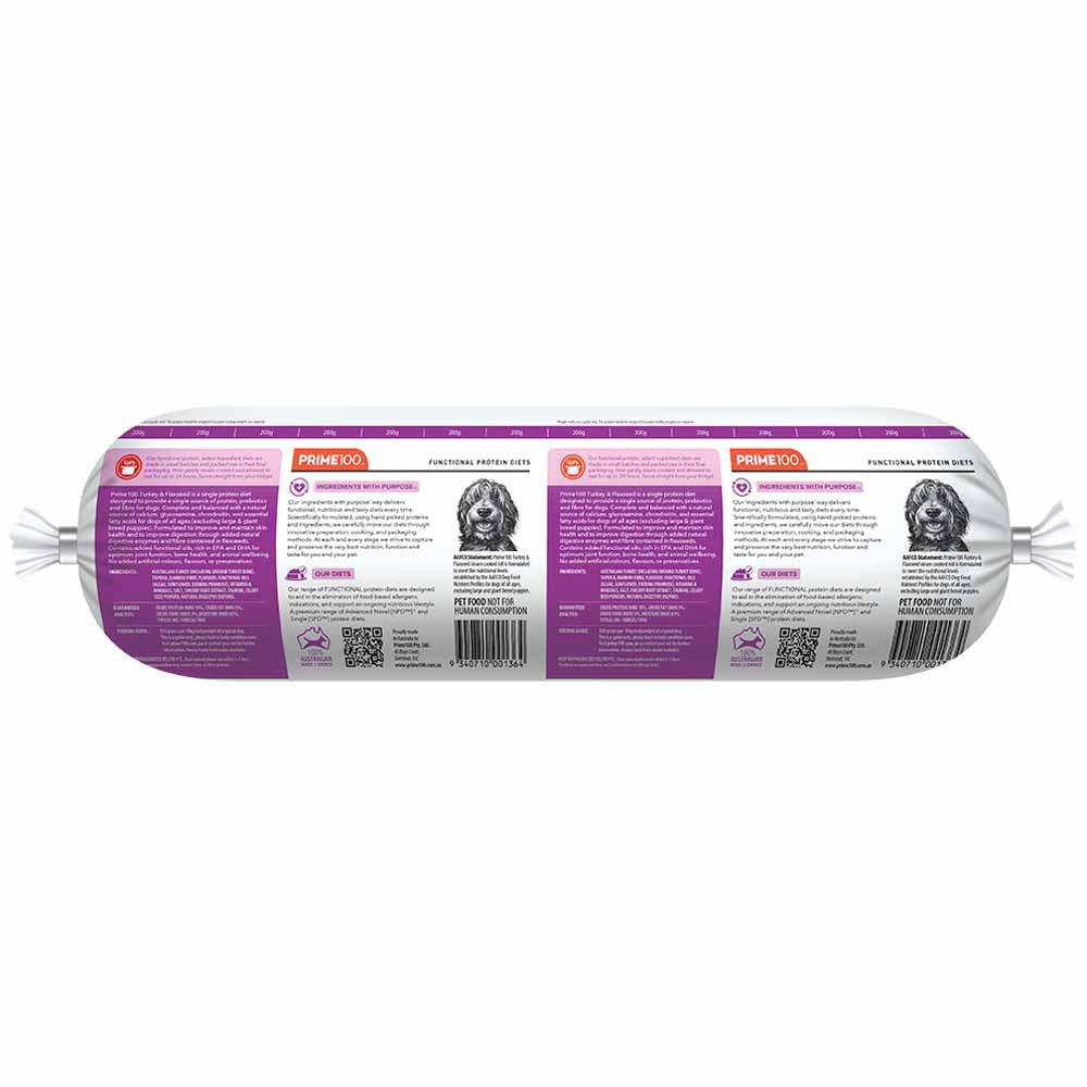Prime100 SPD Turkey & Flaxseed Grain Free Cooked Chilled Roll Dog Food 2kg (Exp 18Oct25)