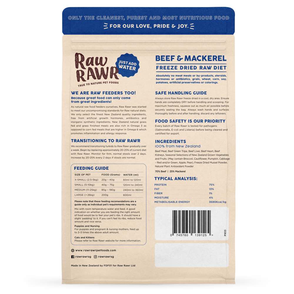 Raw Rawr Balanced Diet Beef & Mackerel Freeze-Dried Raw Cat & Dog Food 400g