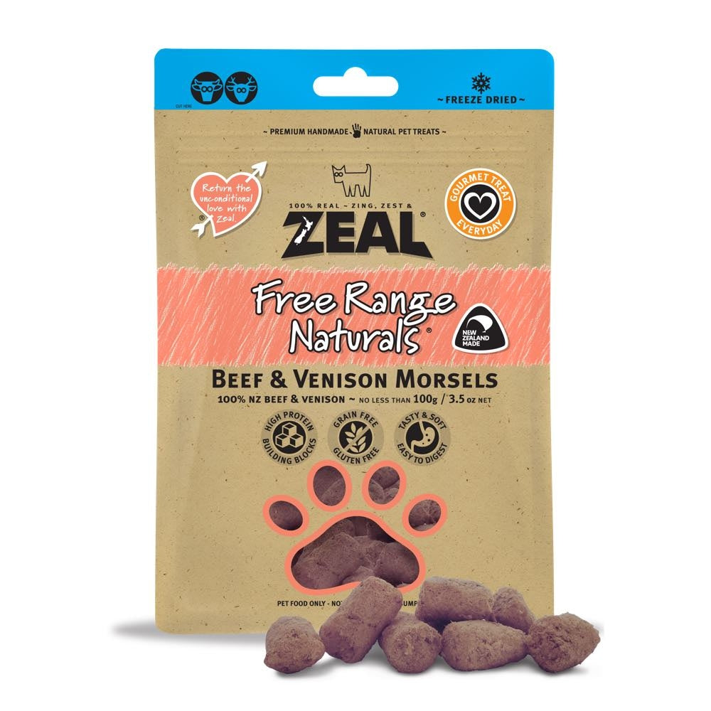 Zeal Free Range Naturals Beef & Venison Morsels Dog Treats 100g (Exp Mar 26)