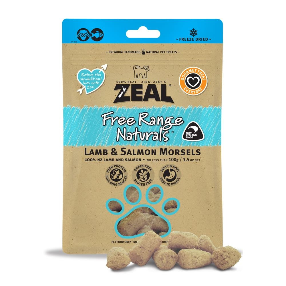 Zeal Free Range Naturals Lamb & Salmon Morsels Cat Treats  100g (Exp Mar 26)