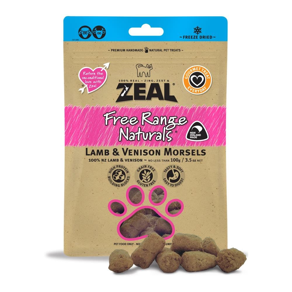 Zeal Free Range Naturals Lamb & Venison Morsels Cat Treats 100g (Exp Mar 26)